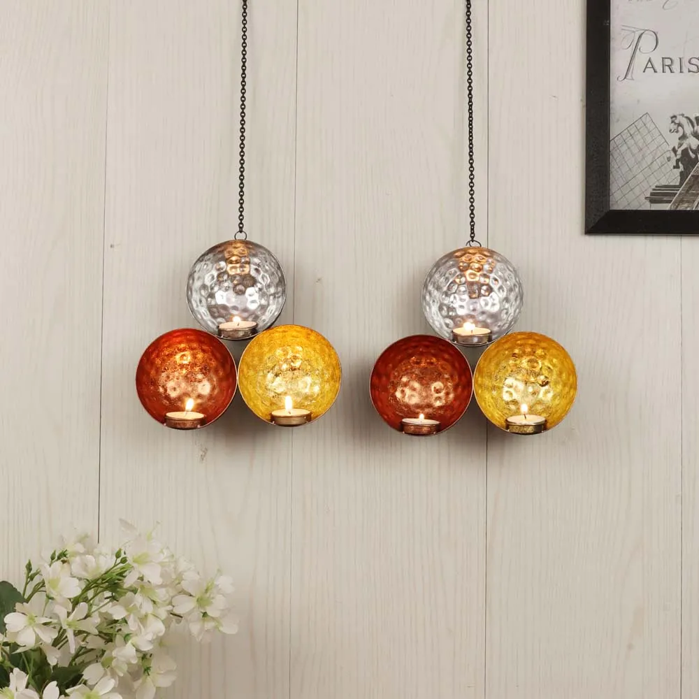 Wall Hanging Hammered Metal Triple Tealight Holder Set of 2
