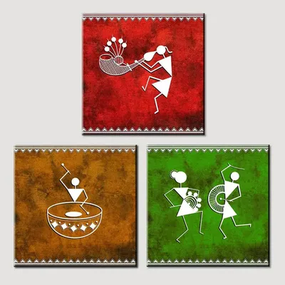 Warli Folk Art Painting Wall Hanging, Set of 3 Pieces