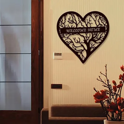 Welcome Home With Heart Shape Design Wooden Wall Hanging, Wooden Wall Decoration