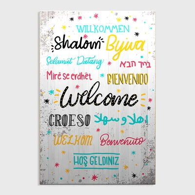 Welcome In Different Languages Funky Wooden Sign