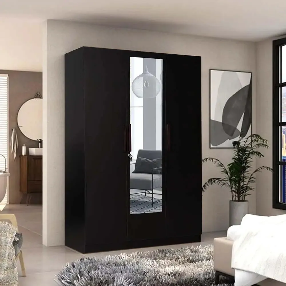 Wenge Engineered Wood 3 Door Wardrobe With Drawers & Mirror