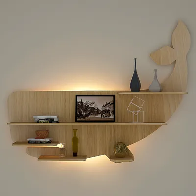 Whale Backlit Wood Wall Shelf / Book Shelf / Night Light, Light Oak Finish