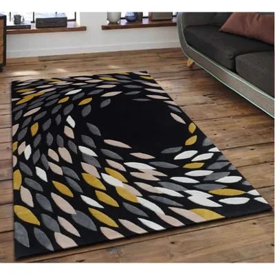 Whirling Leaves Black &amp; Yellow Tufted Area Carpet