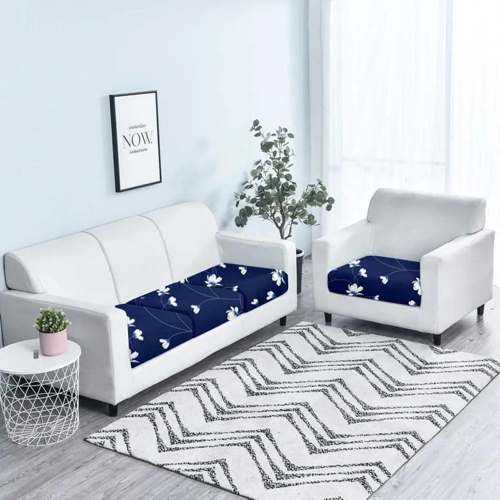 White Floral On Navy Blue Strechable Sofa Seat Cover Set Of 2/4/6/8
