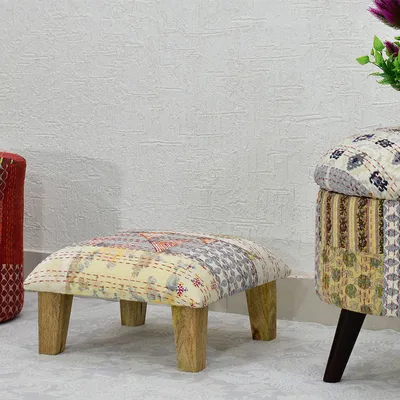 White Kantha Gudri Patchwork Multipurpose Stool/Square Pouffe/Ottoman