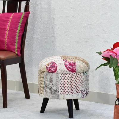 White Kantha Gudri Patchwork Storage Stool/Pouffe/Ottoman
