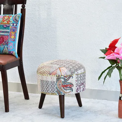 White Kantha Gudri Patchwork Three Legged Stool/Pouffe/Ottoman
