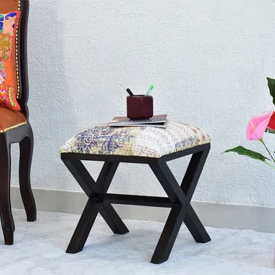 White Kantha Gudri Patchwork X Shape Stool/Square Pouffe/Ottoman