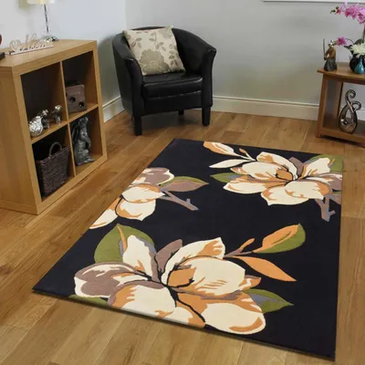 Wild Enchanting Flora Black &amp; Golden Tufted Area Carpet