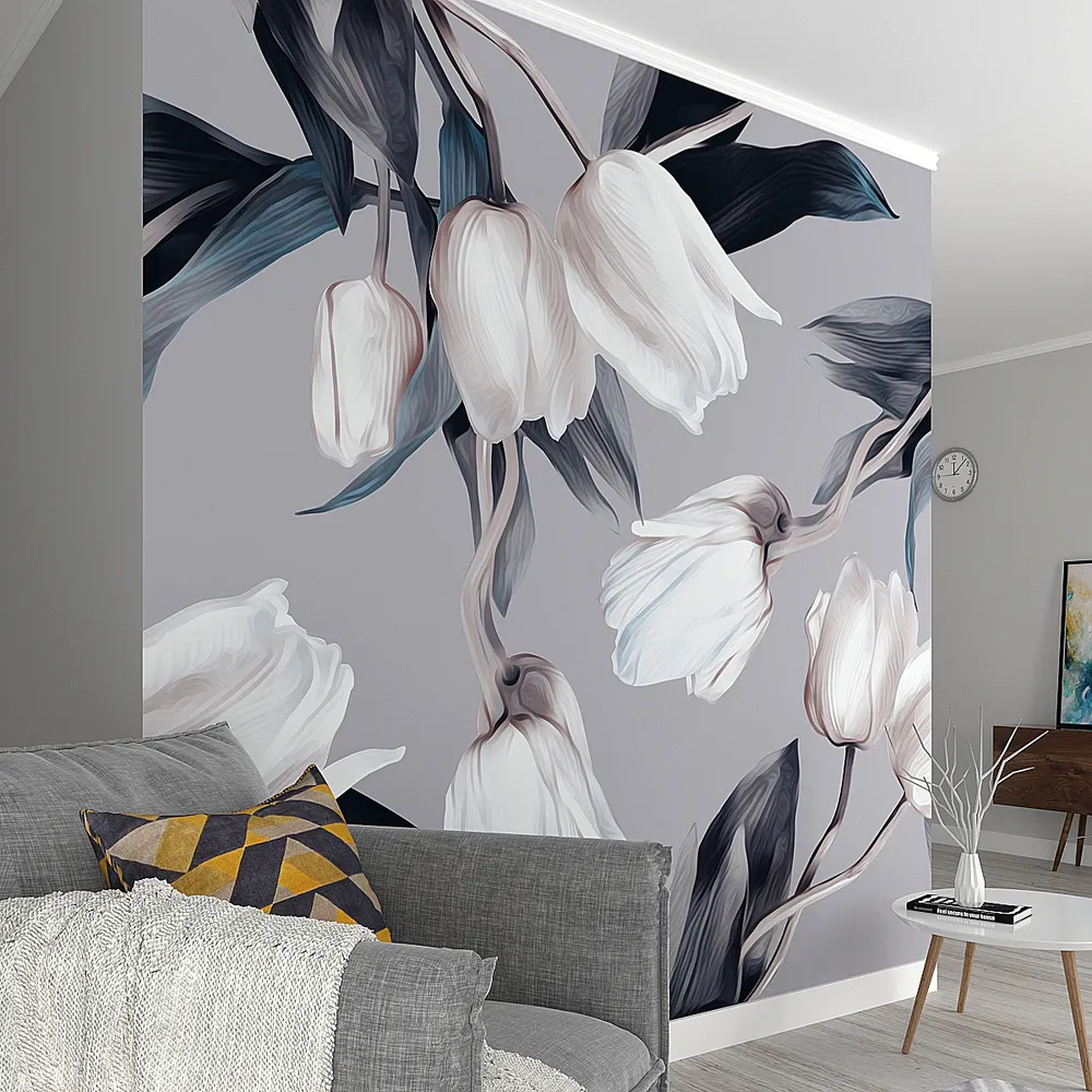 Wild Tulips Grey &amp; Blue Premium Quality Wallpaper