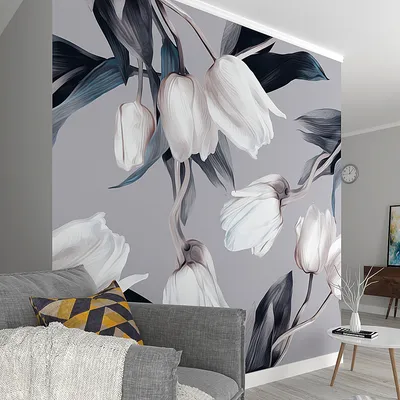 Wild Tulips Grey &amp; Blue Premium Quality Wallpaper