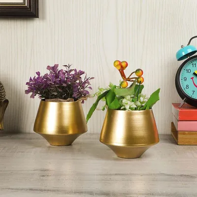 Wine Glass Shaped Golden Metal Planters With Stand Set Of 2
