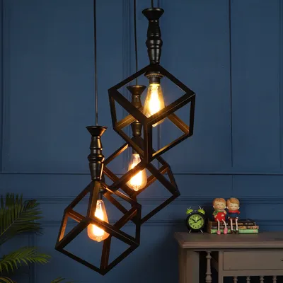 Wooden Black Framed Circled Glass Cluster Hanging Lights