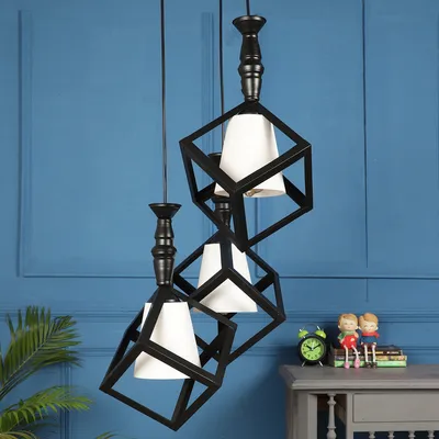Wooden Black Framed White Glass Cluster Hanging Lights