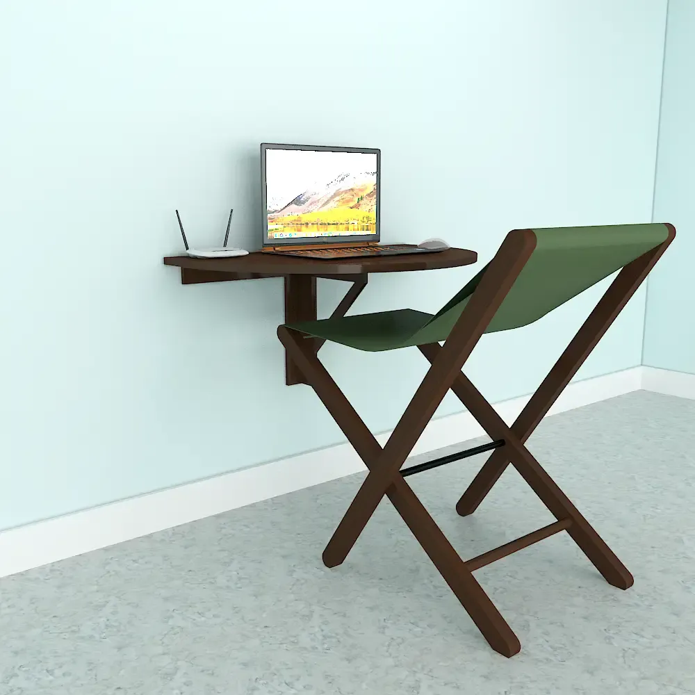Wooden Decorative Foldable Curve Shape Laptop Study Table &amp; Chair / Laptop Shelf, Walnut Finish