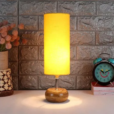 Wooden table lamp with Yellow Cotton Shade