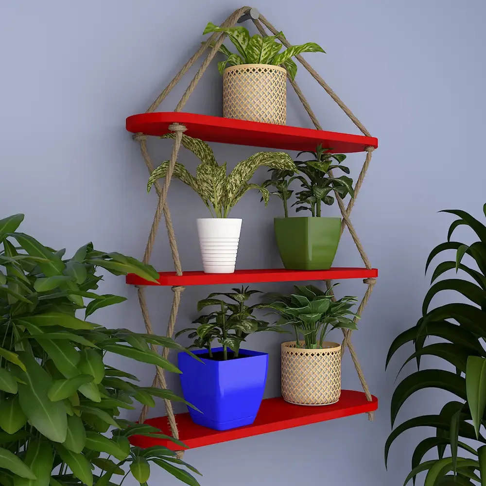Wooden Wall Hanging Shelf with Cross Rope (3 layers, Red Color)
