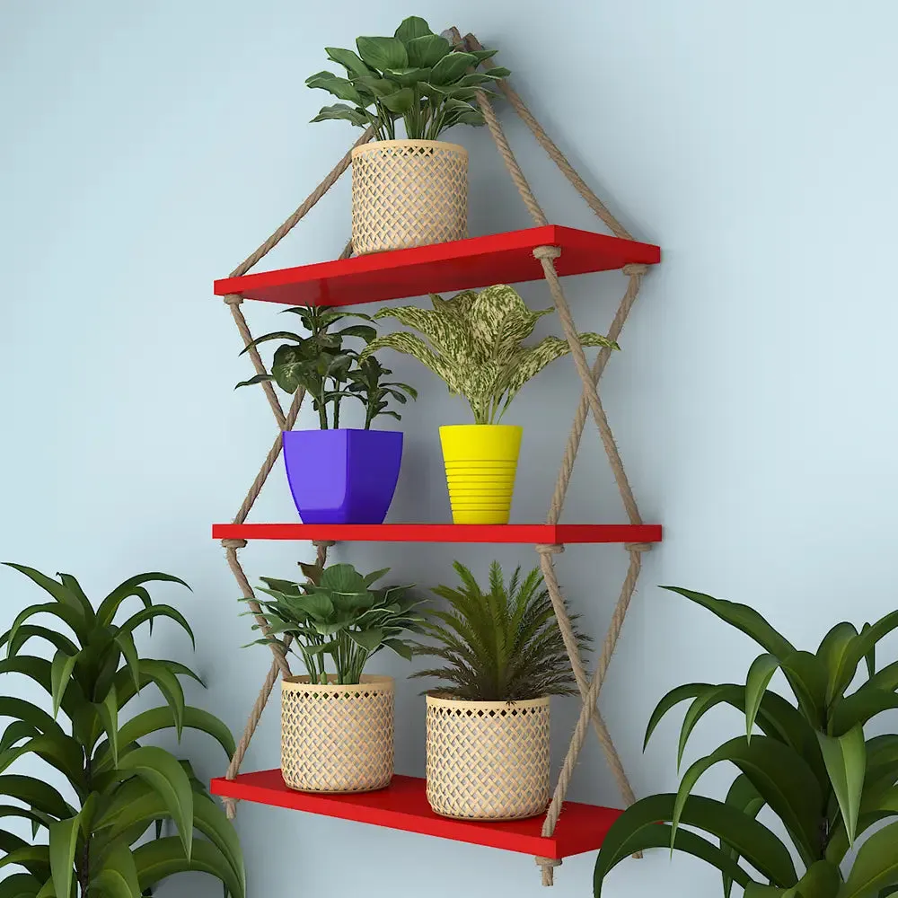 Wooden Wall Hanging Shelf with Cross Rope (3 layers, Red Color)