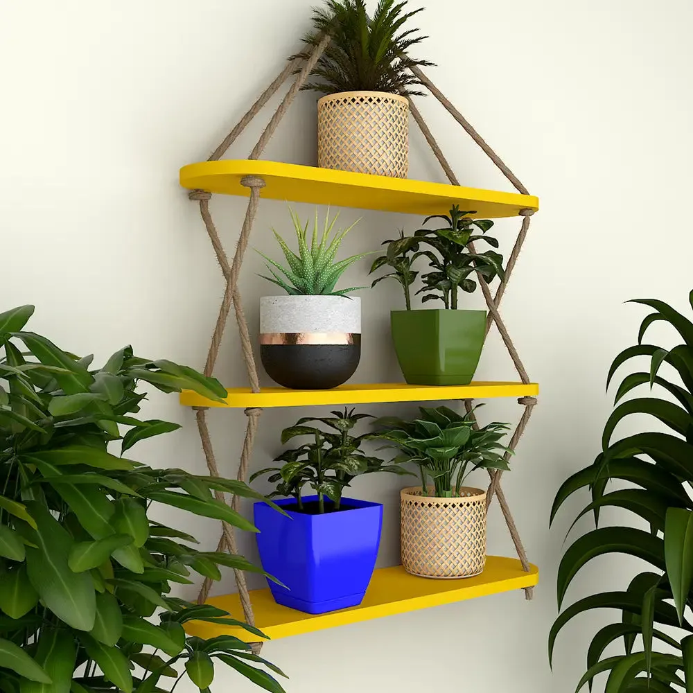 Wooden Wall Hanging Shelf with Cross Rope (3 layers, Yellow Color)