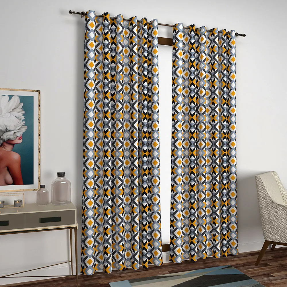Yellow & Black Geometric Print Designer Door Curtain