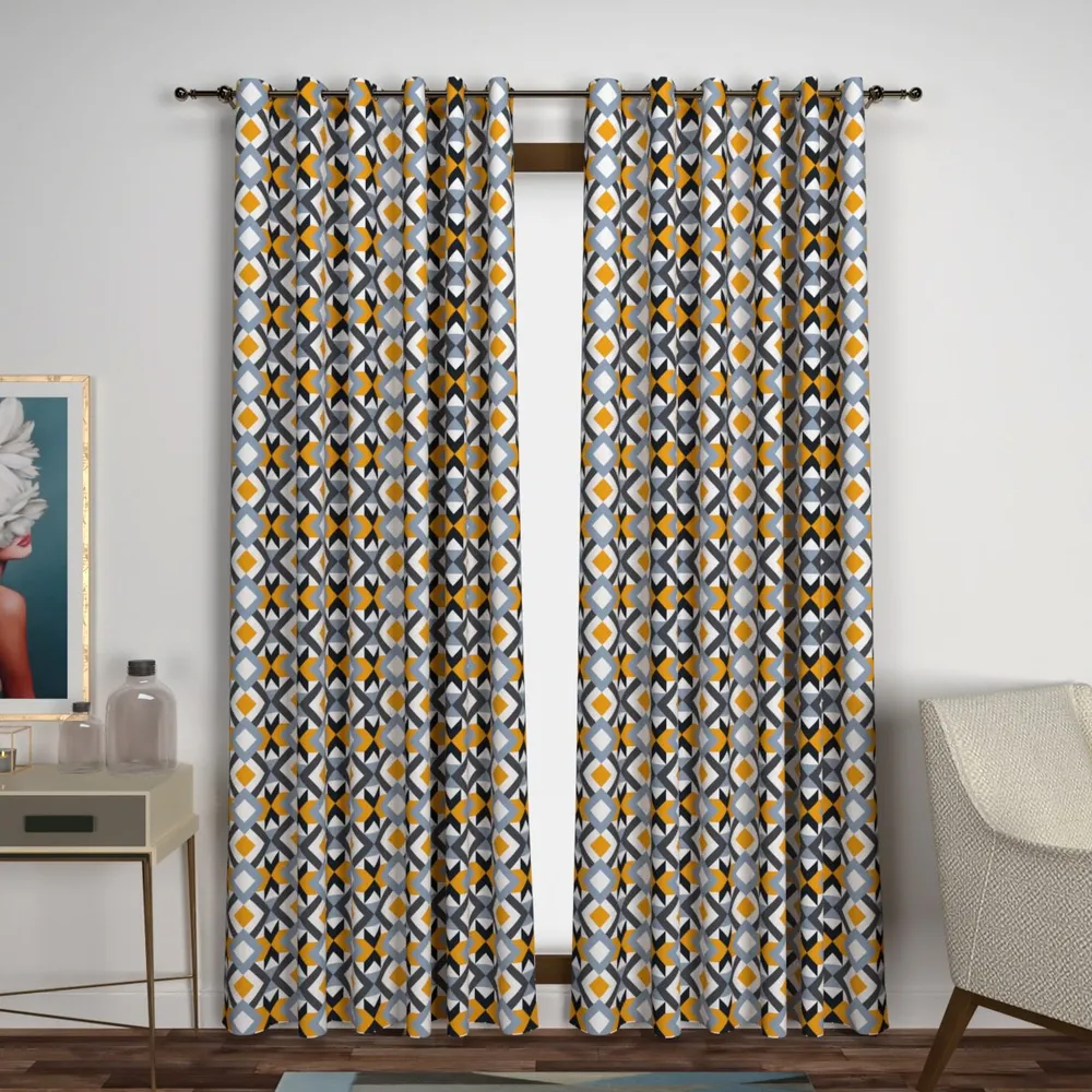 Yellow & Black Geometric Print Designer Door Curtain