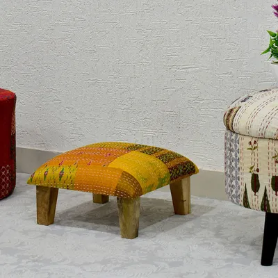 Yellow Kantha Gudri Patchwork Multipurpose Stool/Square Pouffe/Ottoman