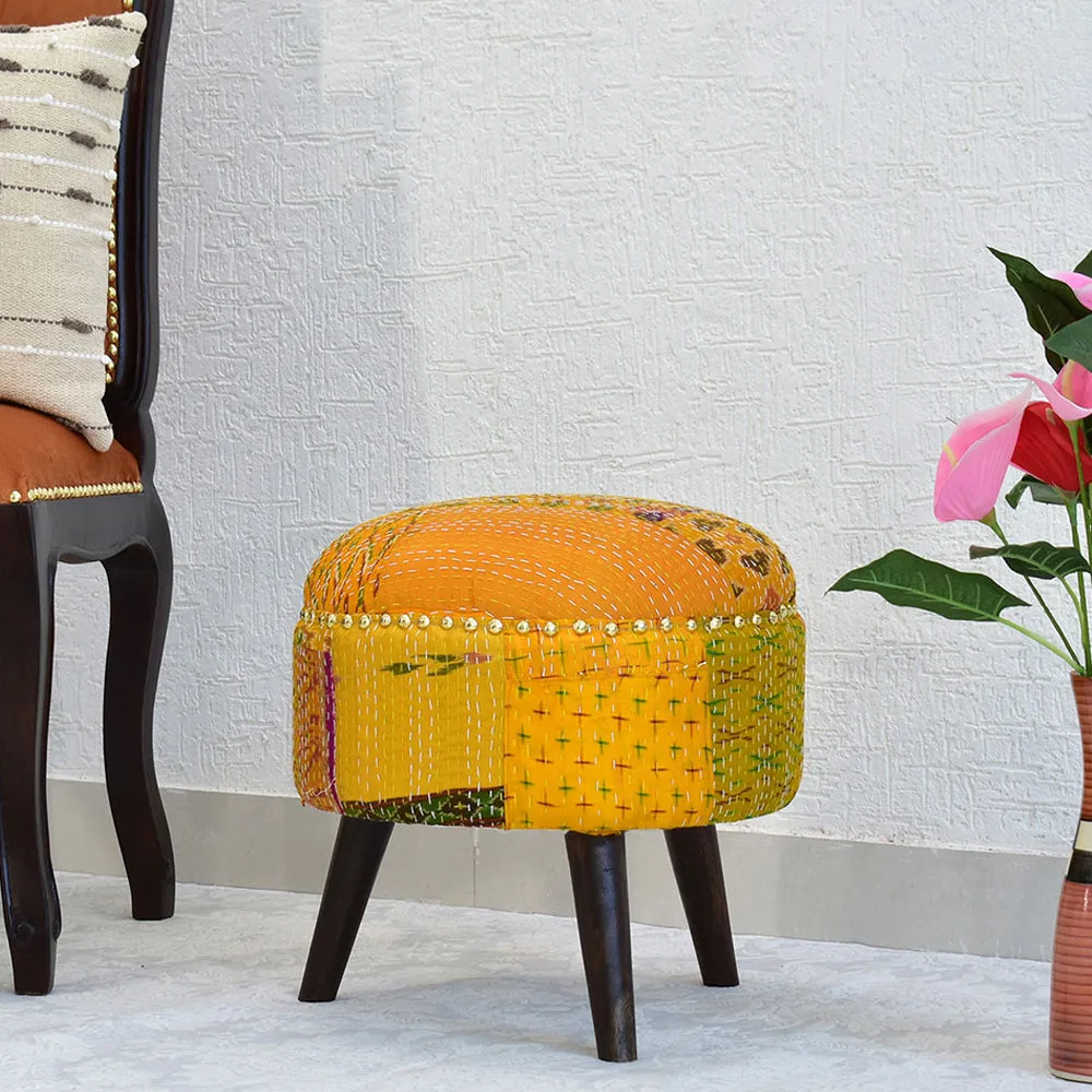 Yellow Kantha Gudri Patchwork Three Legged Stool/Pouffe/Ottoman