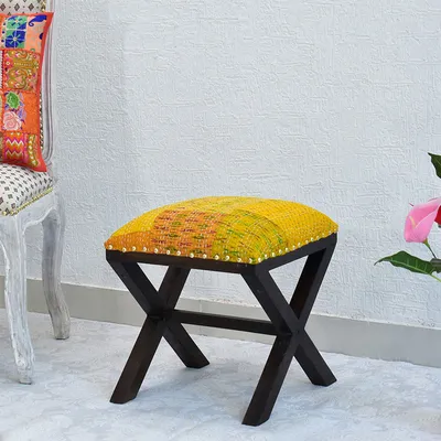 Yellow Kantha Gudri Patchwork X Shape Stool/Square Pouffe/Ottoman
