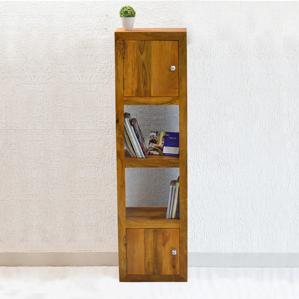 Yellow Natural Teak Wood Multipurpose Partially Closed Floor Bookshelf